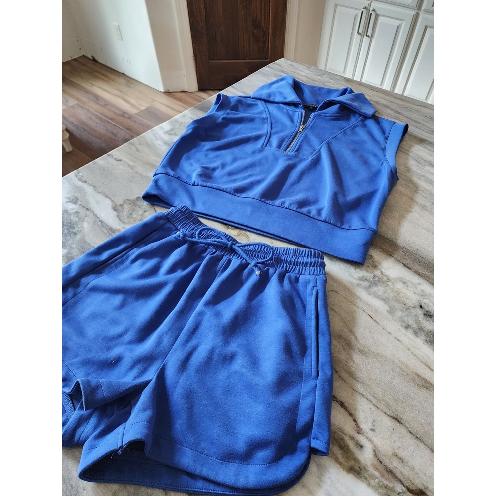 Papermoon Boutique Royal Blue 2 Piece Set Quarter Zip Crop Top and Shorts Small
